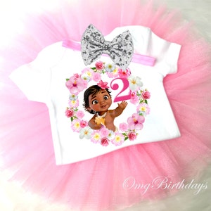 Baby Princess Moana Hawaiian Pink 2nd Second Birthday Shirt Tutu Tee Silver Sequins Bow Headband Set Baby Girl Outfit Set Party