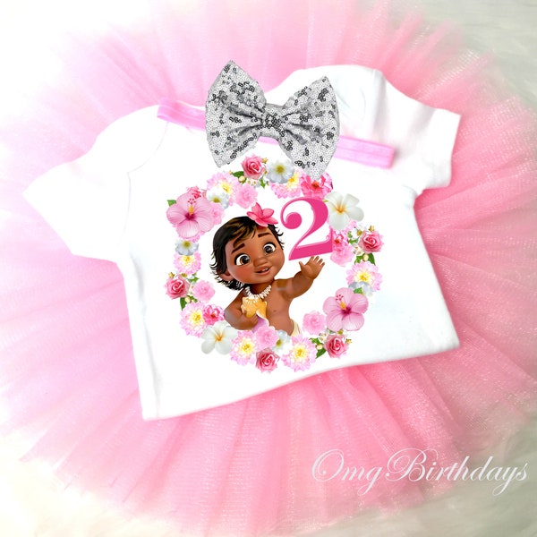 Baby Princess Moana Hawaiian Pink 2nd Second Birthday Shirt Tutu Tee Silver Sequins Bow Headband Set Baby Girl Outfit Set Party