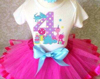 Birthday Dinosaur Pink Purple Shirt Tutu Set Girl Outfit Party First 1st 2nd 3rd 4th 5th 6th 7th Custom Age Headband