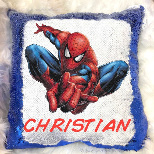 Super Hero Red Spider Reversible Magic Sequins Flip Pillow Cover Case Personalized Name Custom Boy Birthday Gift w/ Stuffing