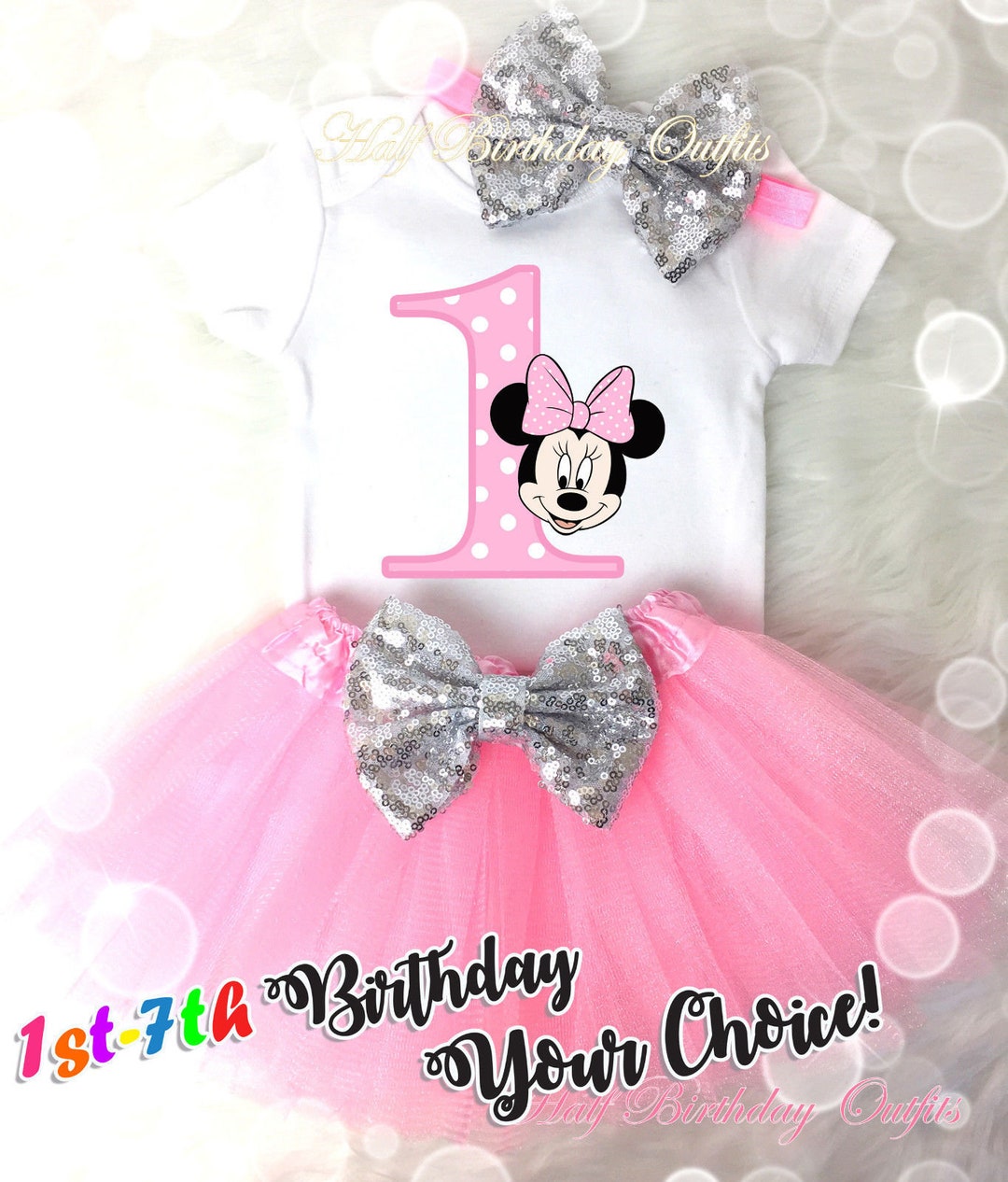 1st First Birthday Light Pink Silver Minnie Mouse Shirt & Tutu Set Baby ...