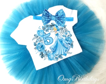 Cinderella Princess Blue 5th Fifth Birthday Shirt Tutu Tee Sequins Bow Headband Set Baby Girl Outfit Set Party Dress Custom