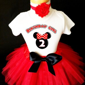 Birthday Minnie Mouse Ears Red Black 2 2nd Two Second Shirt & Tutu Set Girl Outfit Party Toddler Headband Custom Size Cake Smash image 1