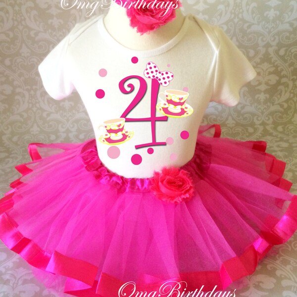 Birthday Tea Cup Time Pink Yellow Polka dot bow Number  Fourth Shirt & Tutu Set Girl Outfit   Headband Custom Size Cake Smash 4th