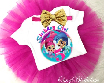 Shimmer and Shine 5th Fifth Birthday Shirt Tutu Tee Gold Sequins Bow Headband Set Baby Girl Outfit Set Party Dress Custom Shimmer & Shine