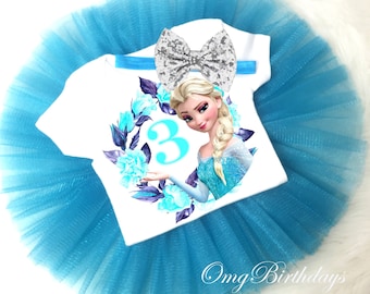 Birthday Princess Elsa Queen Frozen Blue Silver Sequins Bow Headband 3rd Third age 3 Shirt & Tutu Set Girl Outfit Party Dress sq Custom Size