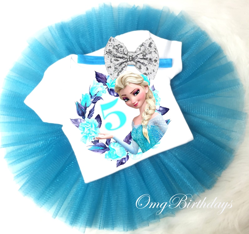 Birthday Princess Frozen Elsa Princess Silver Sequins Headband 5th BirthdayAge 5 Shirt /& Tutu Set Girl Outfit