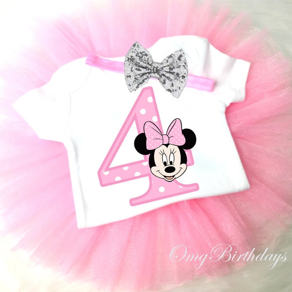 Birthday Minnie Mouse Light Pink Silver Sequins Bow Fourth Shirt & Tutu Set Girl Outfit 2t 3t 4t Headband Custom Size 4th