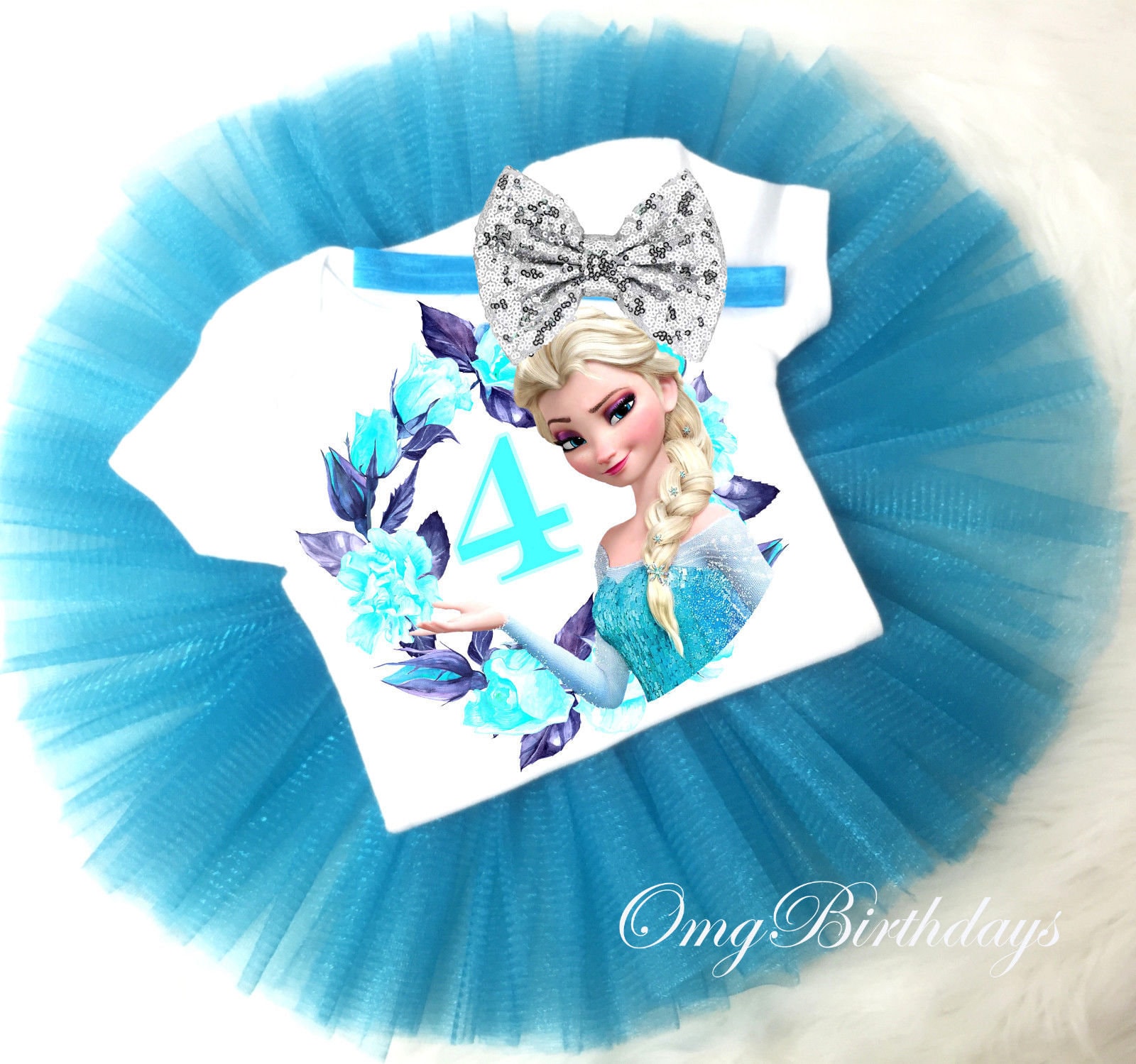 Birthday Princess Elsa Queen Frozen Blue Silver Sequins Bow Headband 4th Birthday Fourth Shirt & Tutu Set Girl Outfit Custom Size