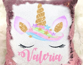 Pastel Rainbow Unicorn Stars Reversible Magic Sequins Flip Pillow Cover Case Personalized Name Custom Birthday w/ Stuffing