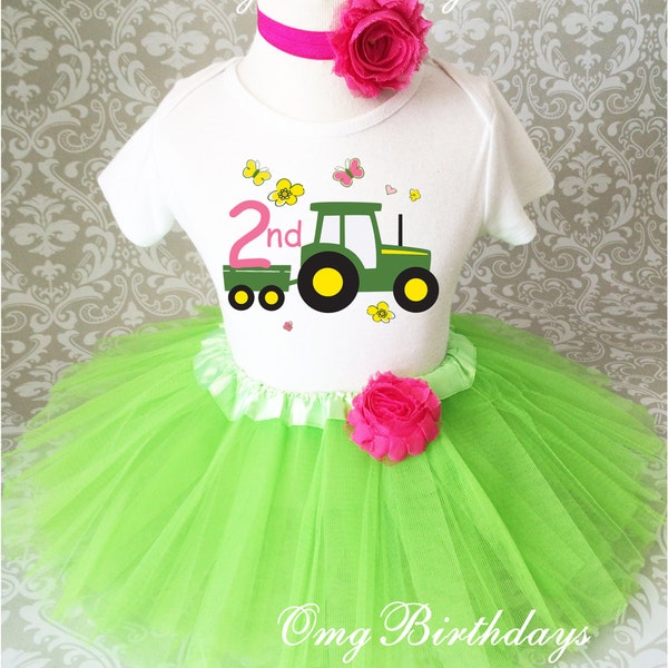 Birthday Barn Flowers Farm Machine Green Tractor Pink 2nd Second age 2 Shirt & Tutu Set Girl Outfit Party Dress Headband Custom Size