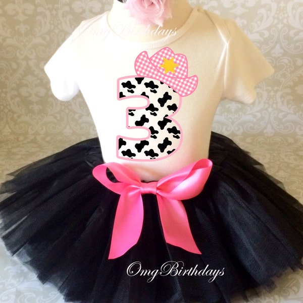 Cowgirl Cow Spots Print Black Pink Hat Yee Haw 3 3rd Third age 3 Shirt & Tutu Set Girl Outfit Party Dress Headband Custom Size Cake Smash