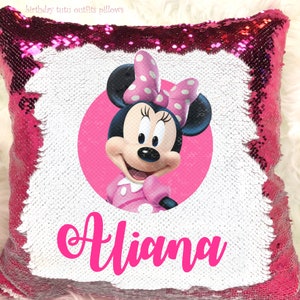 Cute Girl Mouse Pink Reversible Mermaid Magic Sequins Pillow Cover Personalized Name Custom Pillow Case Birthday  Birthday Gift w/ Stuffing