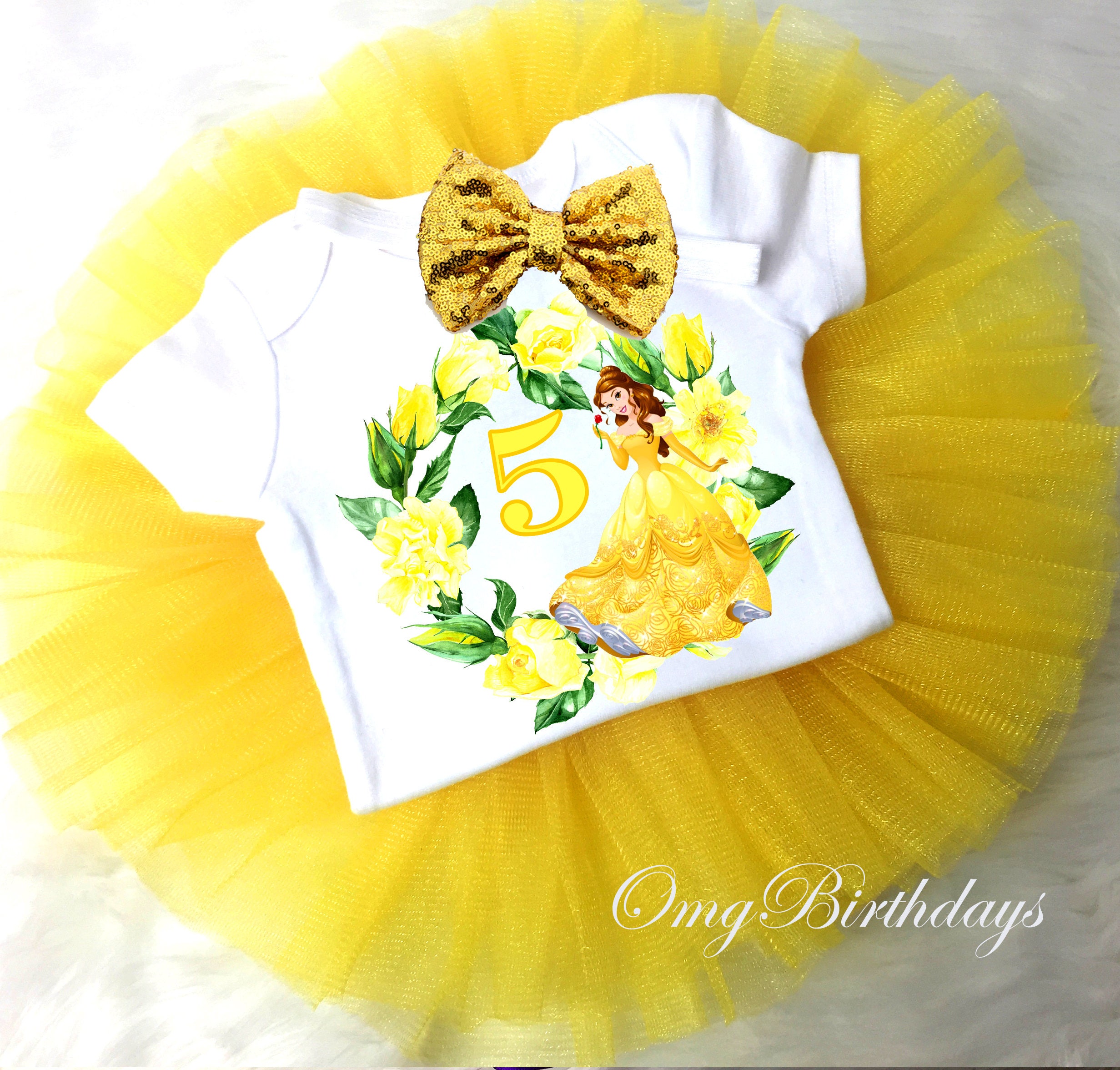 Birthday Princess Belle Beauty and the Beast Yellow Gold Sequins Headband 5th BirthdayAge 5 Shirt & Tutu Set Girl Outfit