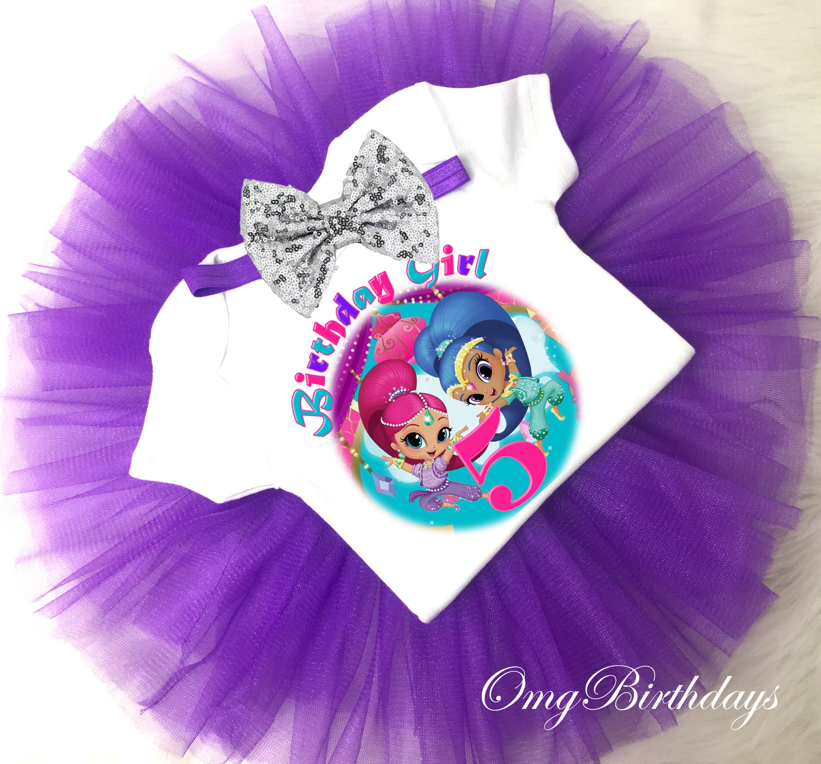 Shimmer and Shine 5th Fifth Birthday Shirt Tutu Tee Purple Silver Sequins Bow Headband Set Baby Girl Outfit Set Party Dress Custom