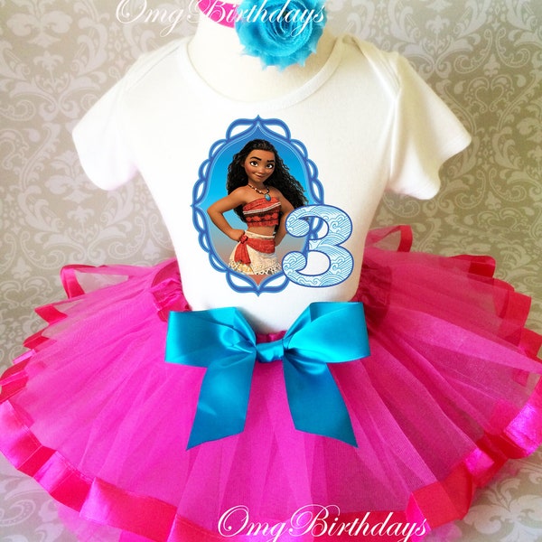 Birthday Princess Moana Blue Hot Pink 3rd Third age 3 Shirt  & Tutu Set Girl Outfit Party Dress Headband Custom Size Cake Smash