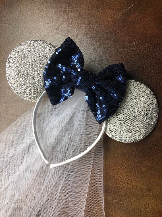 Minnie Mouse Sparkly Silver Ear Headband Silver Sequin Bow Bridal Disney Wedding Minnie Mouse Sparkly Silver Ear Headband Silver Sequin Bow Bridal Disney Wedding