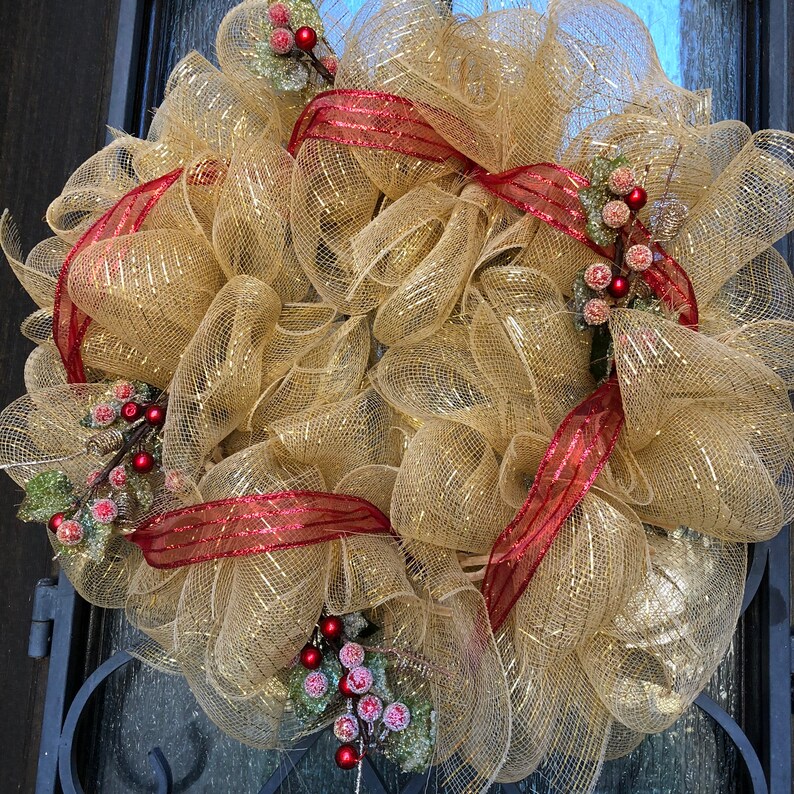 Holiday Front Door Seasonal Winter Red Glitter Decor Door Hanger Gold Golden Christmas Red berries Wreath Mesh Wreath Free Shipping