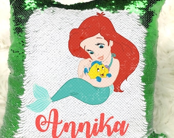 Baby Ariel Little Mermaid Princess Reversible Mermaid Magic Sequins Flip Pillow Cover Case Personalized Name Custom Birthday w/ Stuffing