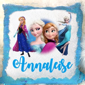 Elsa Anna Frozen Queen Princess Blue Reversible Mermaid Magic Sequins Flip Pillow Cover Case Personalized Name Custom Birthday w/ Stuffing