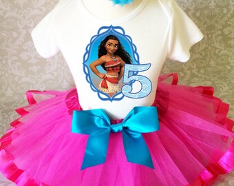 Birthday Princess Moana Hot Pink Blue Number Fifth Age 5 Shirt & Tutu Set Girl Outfit Party      Headband Custom Size 5th