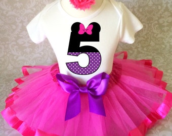 Birthday Pink Purple Minnie Mouse Polka dots Number Fifth Age 5 Shirt & Tutu Set Girl Outfit Party Headband Custom Size Cake Smash 5th