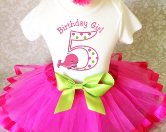 Birthday Hot Pink Green Whale Polka Dots Dotted Fifth Age 5 Shirt & Tutu Set Girl Outfit Party Headband Custom Size Cake Smash 5th