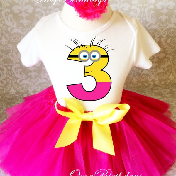 Despicable Me Minion Shirt Tutu Set Girl Outfit First 1st 2nd 3rd 4th 5th 6th 7th Custom Age Gold Sequins bow Headband