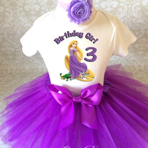 Birthday Purple Tangled Rapunzel 3rd Third age 3 Shirt & Tutu Set Girl Outfit Party Dress Headband Custom Size Cake Smash
