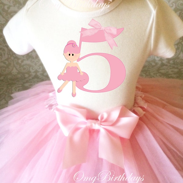Birthday Light Pink Ballerina Ballet Dance Dancer Fifth Age 5 Shirt & Tutu Set Girl Outfit Party      Headband Custom Size 5th