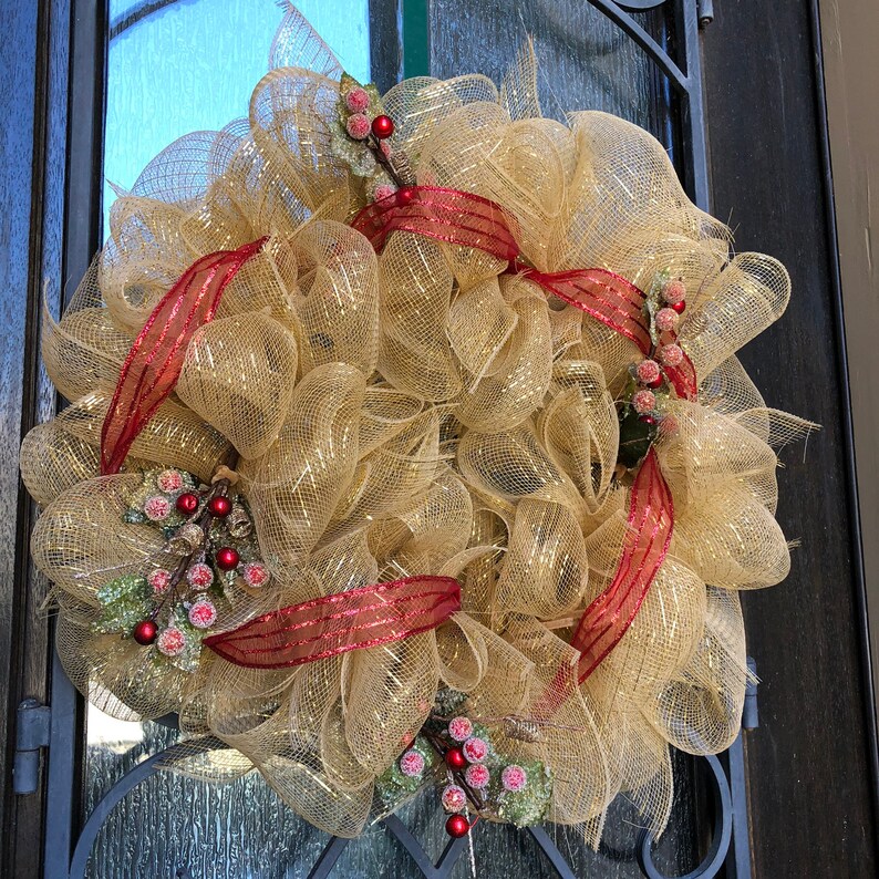Holiday Front Door Seasonal Winter Red Glitter Decor Door Hanger Gold Golden Christmas Red berries Wreath Mesh Wreath Free Shipping