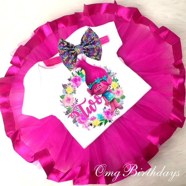 Pretty Poppy Trolls Floral Rainbow Pink 2nd Second Birthday Shirt Tutu Tee Sequins Bow Headband Set Baby Girl Outfit Set Party Dress Custom