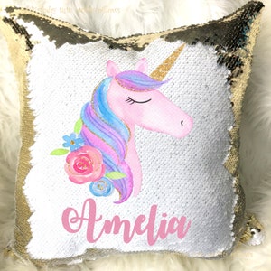 Pink Blue Purple Unicorn Horse Pony Pretty Gold Reversible Magic Sequins Flip Pillow Cover Personalized Name Custom Birthday w/ Stuffing