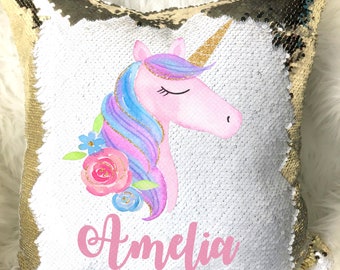 Pink Blue Purple Unicorn Horse Pony Pretty Gold Reversible Magic Sequins Flip Pillow Cover Personalized Name Custom Birthday w/ Stuffing