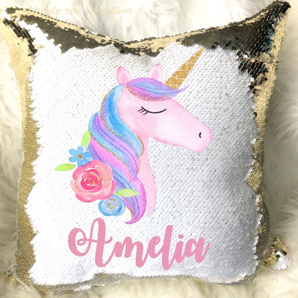 Pink Blue Purple Unicorn Horse Pony Pretty Gold Reversible Magic Sequins Flip Pillow Cover Personalized Name Custom Birthday w/ Stuffing