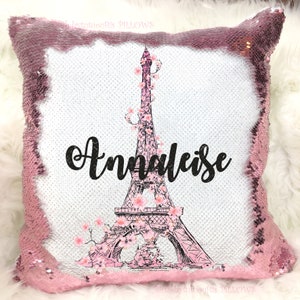 Light Pink Black Elegant Eiffel Tower Paris Reversible Magic Sequins Flip Pillow Cover Personalized Name Custom Birthday w/ Stuffing