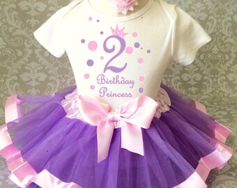 Birthday Lavender Purple Pink Princess crown polka dots Age 2 2nd Two Second Shirt & Tutu Set Girl Outfit Party Toddler Headband Custom Size