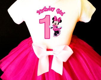 Birthday Minnie Mouse Hot Pink first 1st Shirt & Tutu Set Girl Outfit baby Party Dress Headband Custom Size Cake Smash