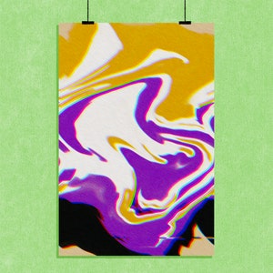 May include: Abstract art print with a swirling design in yellow, purple, white, and black. The artwork is displayed on a rectangular poster, suspended by a black wire against a light green textured background.