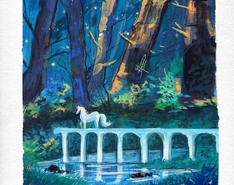 Magical Forest White Horse Gouache Painting – Enchanted Bridge Scene