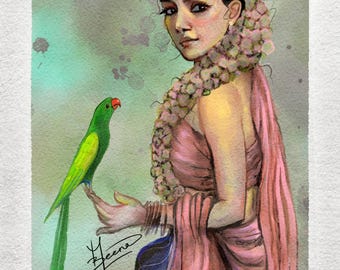 Woman and Parrot Gouache Painting – Hand-Painted Wall Art