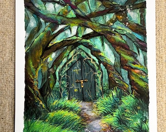 Forest – Enchanted door. Gouache painting print