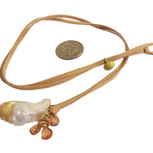 Jumbo Pearl-10 with peach brilettes on Tan Suede Cord with Tiger&#39;s Eye