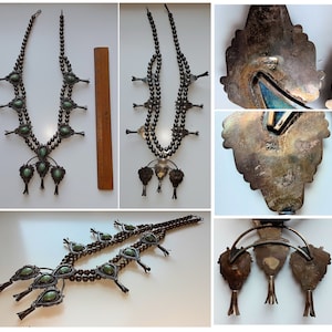 Vintage Navajo Squash Blossom Necklace Sterling Silver & Turquoise: Signed CHOEN