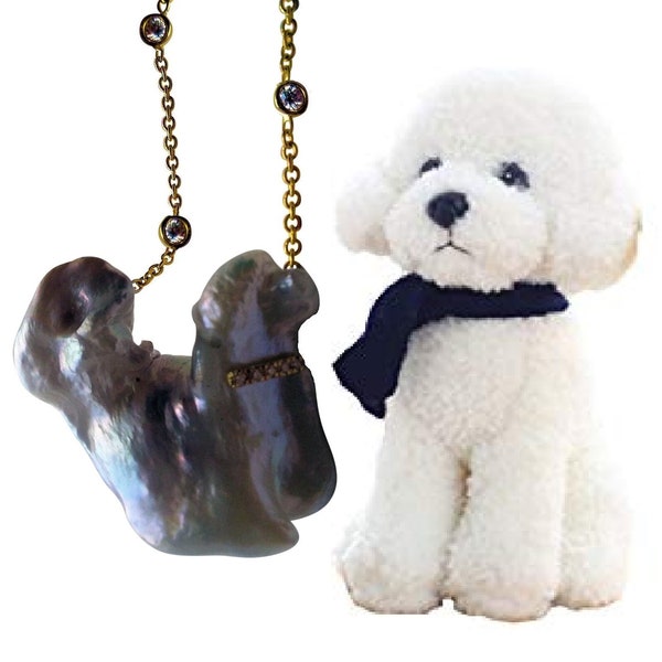 Once-in-a-Lifetime! Jumbo POODLE SHAPED PEARL Necklace/Pendant with Dog Collar and Chain in Diamonds & 18K Gold. Natural Chinese Freshwater