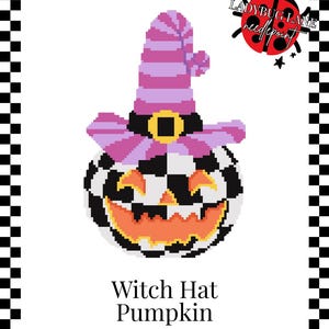 May include: A pixel art design of a pumpkin with a black and white chequered pattern, wearing a purple and pink striped witch hat with a black band and yellow buckle. The pumpkin has an orange carved face. Text reads Witch Hat Pumpkin.