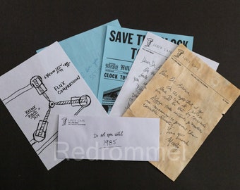 BTTF Back to the Future, Paper Prop Set, FLuc capacitor, clock tower, Marty's letter