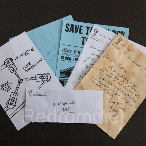 BTTF Back to the Future, Paper Prop Set, FLuc capacitor, clock tower, Marty's letter