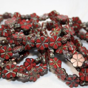 Czech Glass Brick Red Opaque Flower Beads With Picasso 10 mm 10 Beads image 2