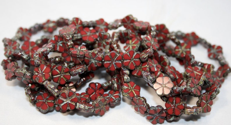 Czech Glass Brick Red Opaque Flower Beads With Picasso 10 mm 10 Beads image 2